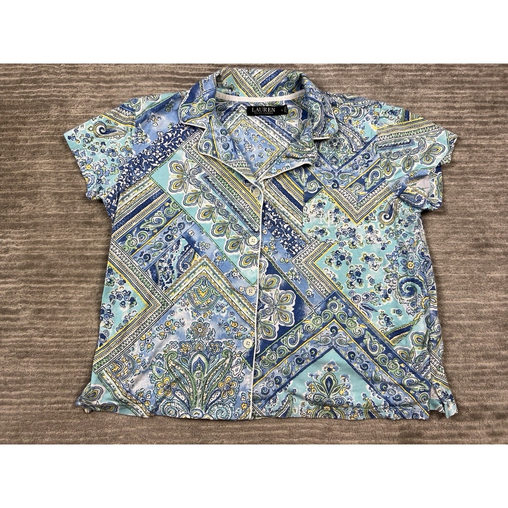 Lauren Ralph Lauren Pajama Top Womens Large Blue Button Fron Short Sleeve